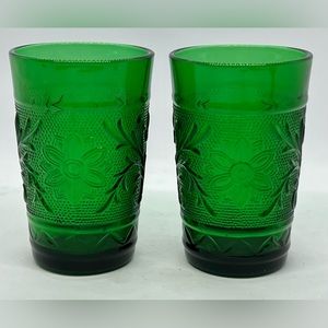 Set Of 2 Vintage Anchor Hocking Forest Green Sandwich Glass Juice Glasses